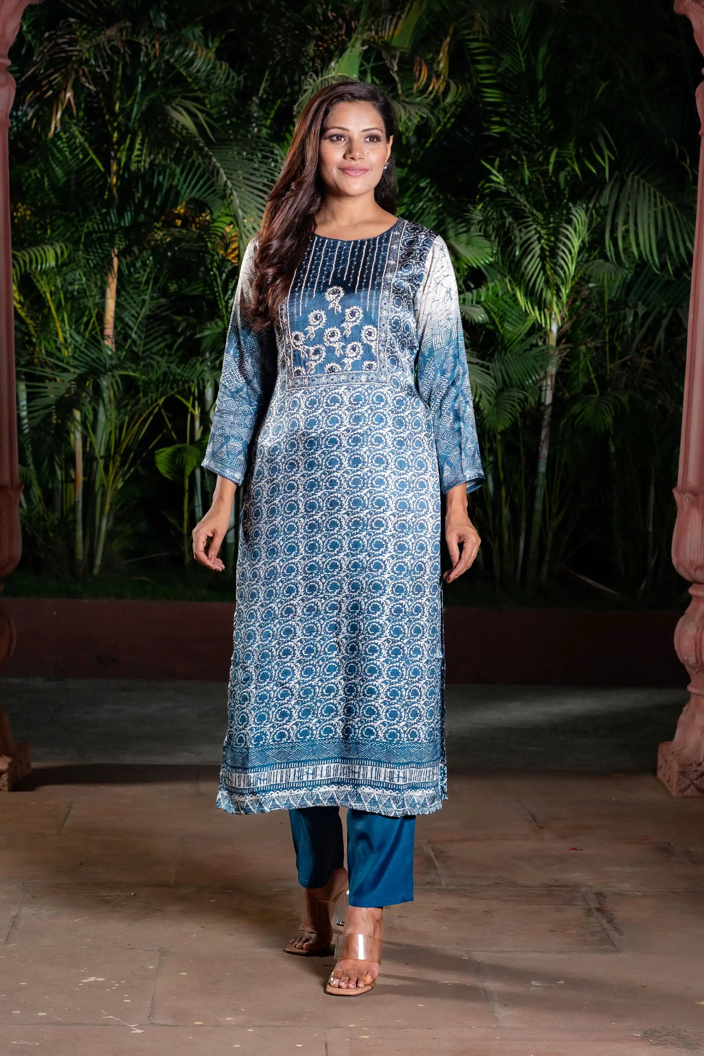 Indigo Blue Silk Block Printed Straight Kurta