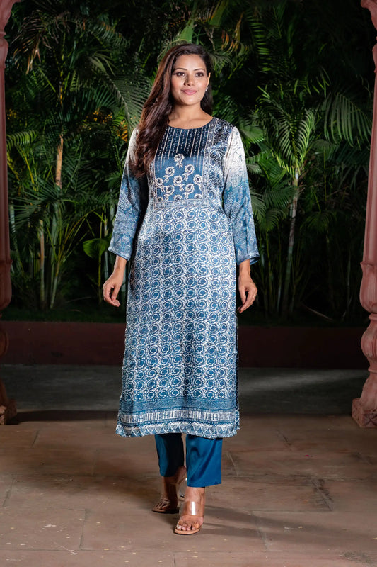 Indigo Blue Silk Block Printed Straight Kurta