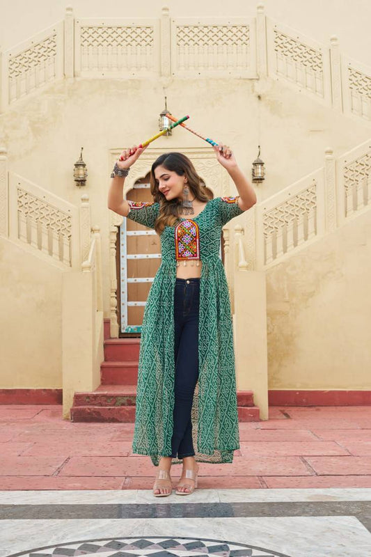 Green bandhani print faux georgette jacket style kurt