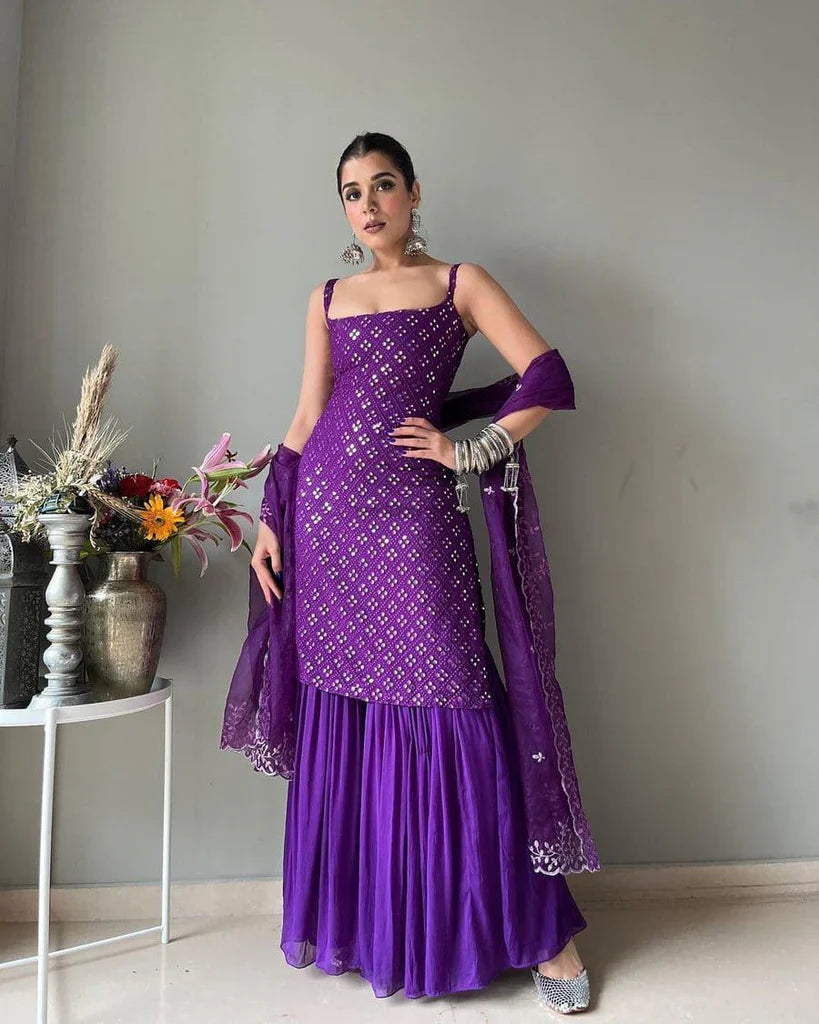 Party Wear Sharara Suit In Purple Color With Heavy Embroider