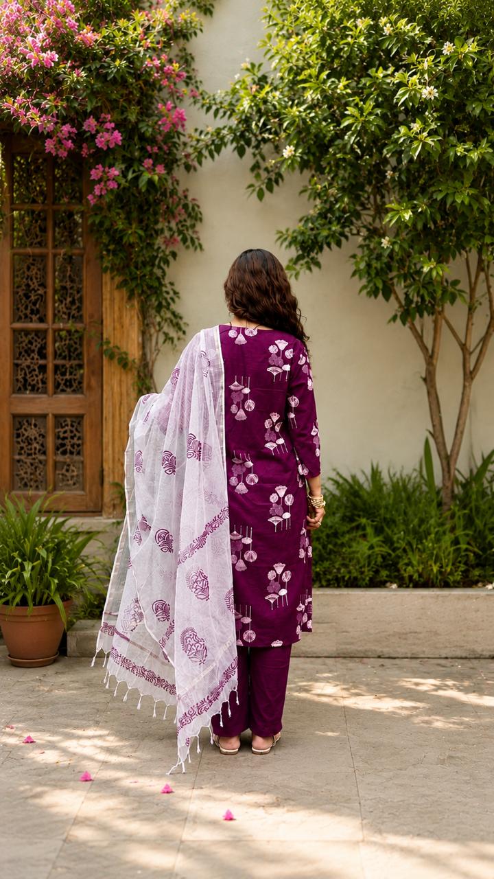 Cotton kurta set with kota Dupatta