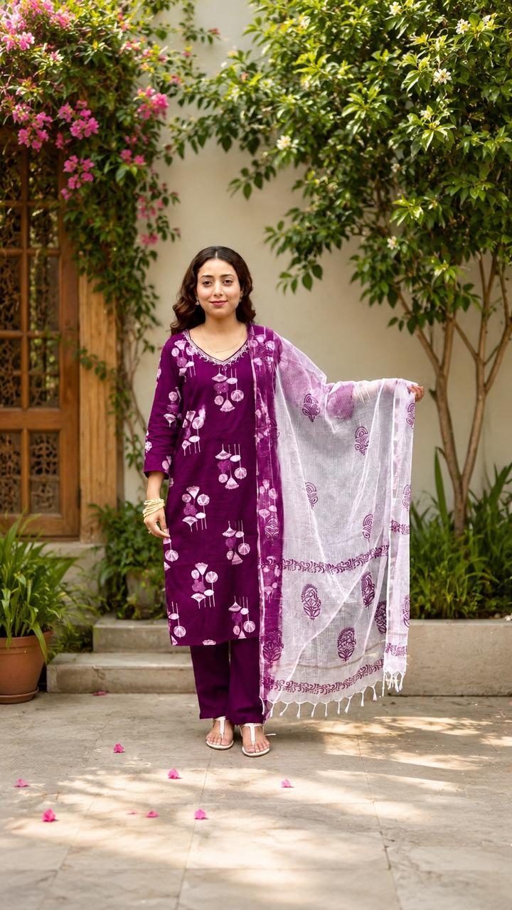 Cotton kurta set with kota Dupatta