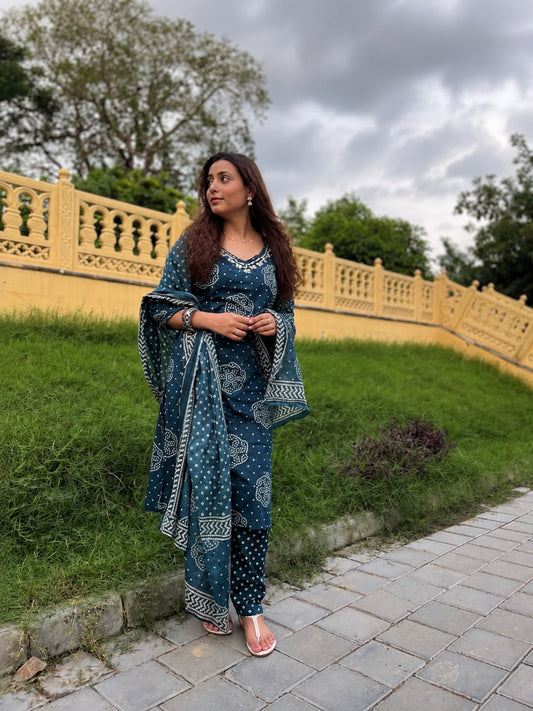 Handblock Cotton Kurta set with Dupatta