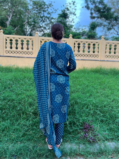 Handblock Cotton Kurta set with Dupatta