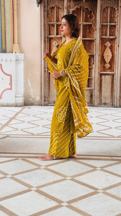 Mustard Bandhani Print Cotton Kurta Set with Dupatta