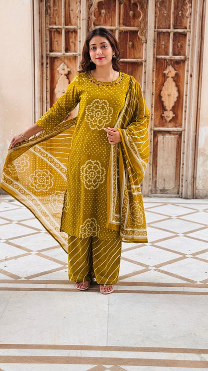 Mustard Bandhani Print Cotton Kurta Set with Dupatta