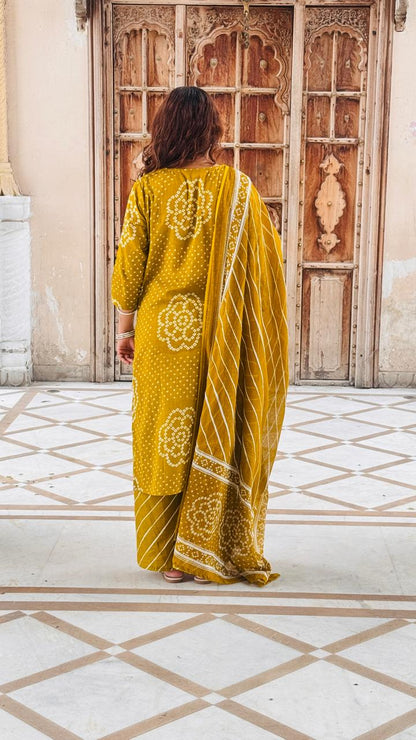 Mustard Bandhani Print Cotton Kurta Set with Dupatta