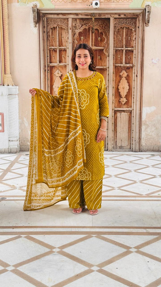 Mustard Bandhani Print Cotton Kurta Set with Dupatta