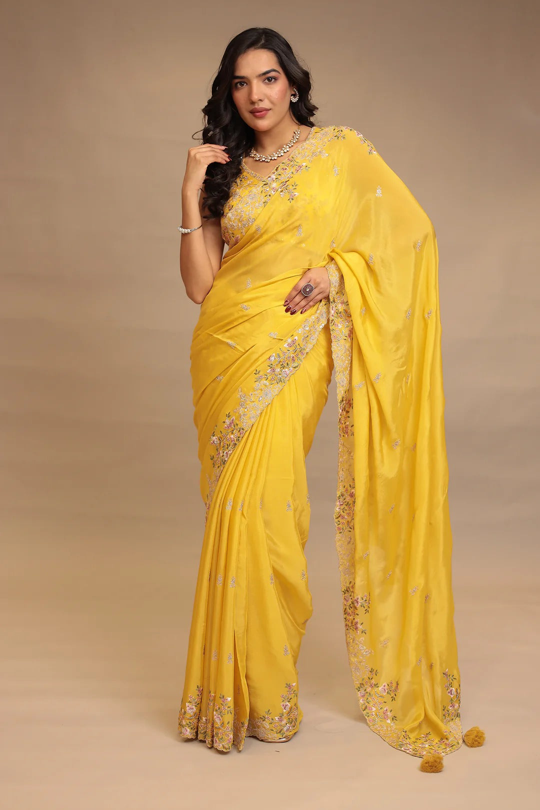 Chinon Saree with Sequins, Thread and Zari work