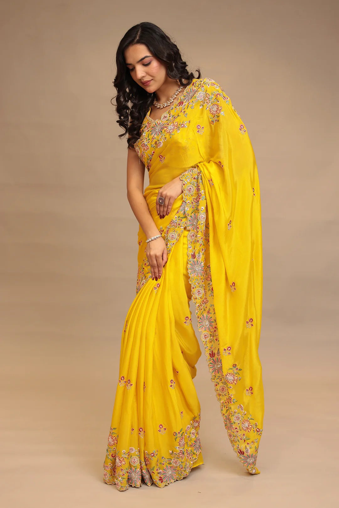 Chinon Saree with Sequins, Thread and Zari work
