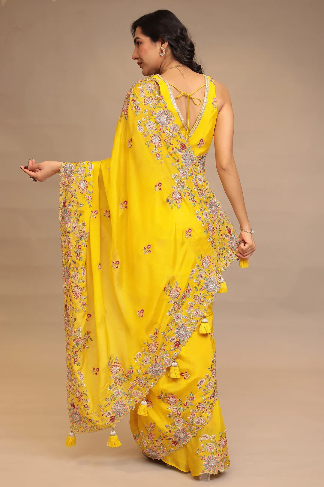 Chinon Saree with Sequins, Thread and Zari work